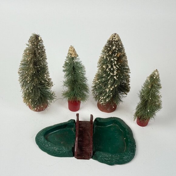 Vintage 4 Bottle Brush Christmas Trees Plasticville Bridge Craft Project Decor - Picture 2 of 7
